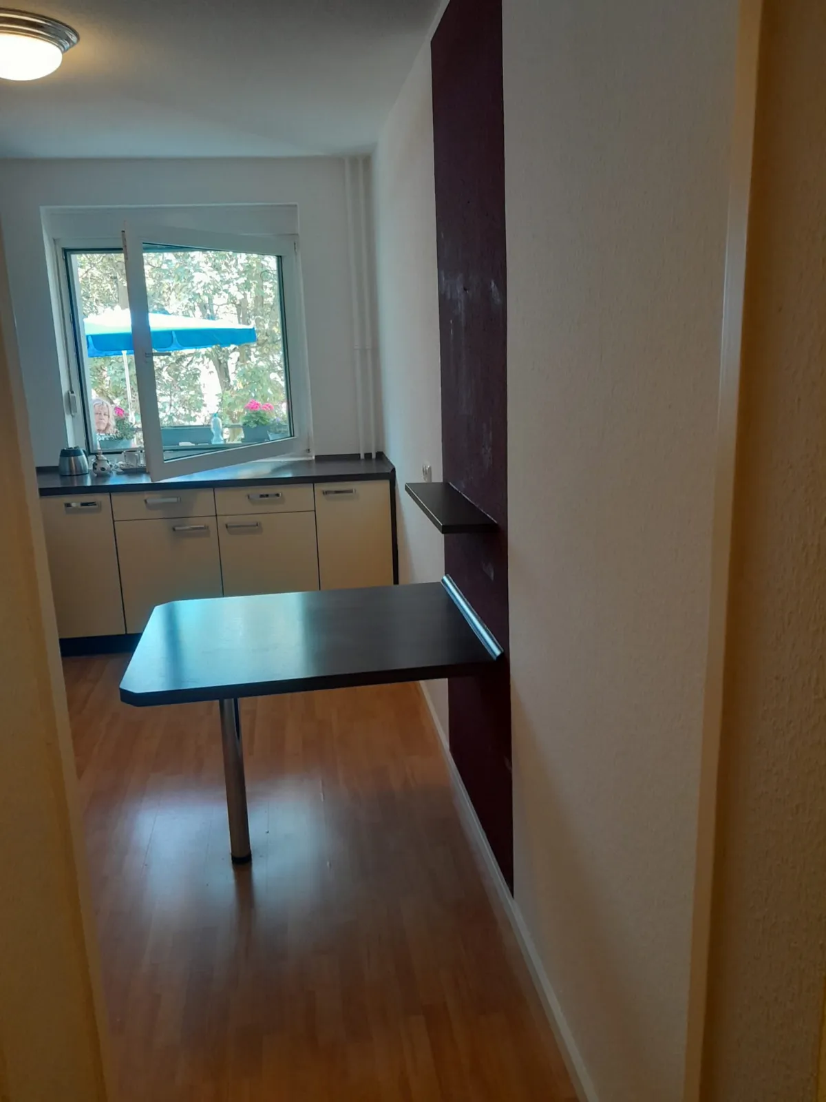 K&uuml;che von der Tuer aus Theke helle M&ouml;bel weisse Waende fertig gestrichen